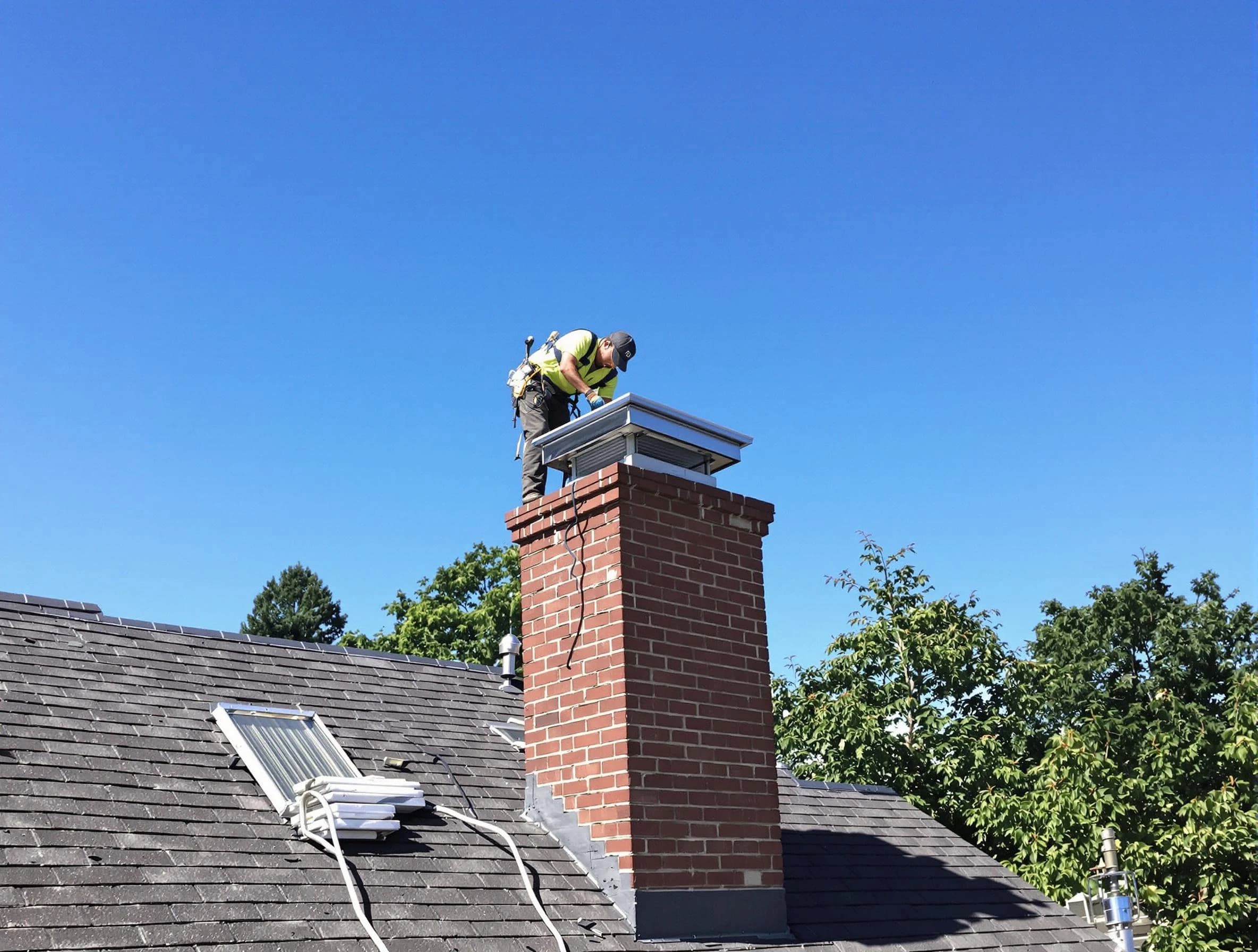 Greenwood Village Chimney Sweep technician measuring a chimney cap in Greenwood Village, CO