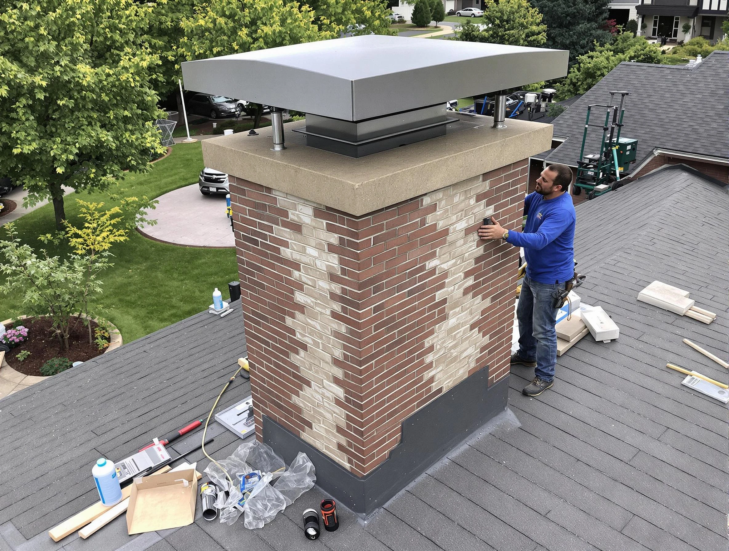 Greenwood Village Chimney Sweep team working on a custom chimney remodel in Greenwood Village, CO